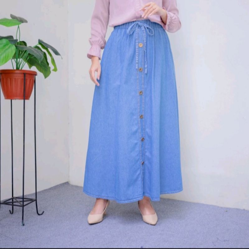 Rok Panjang Wanita Bahan Soft Jeans || Rok Wanita Payung Variasi Kancing Depan