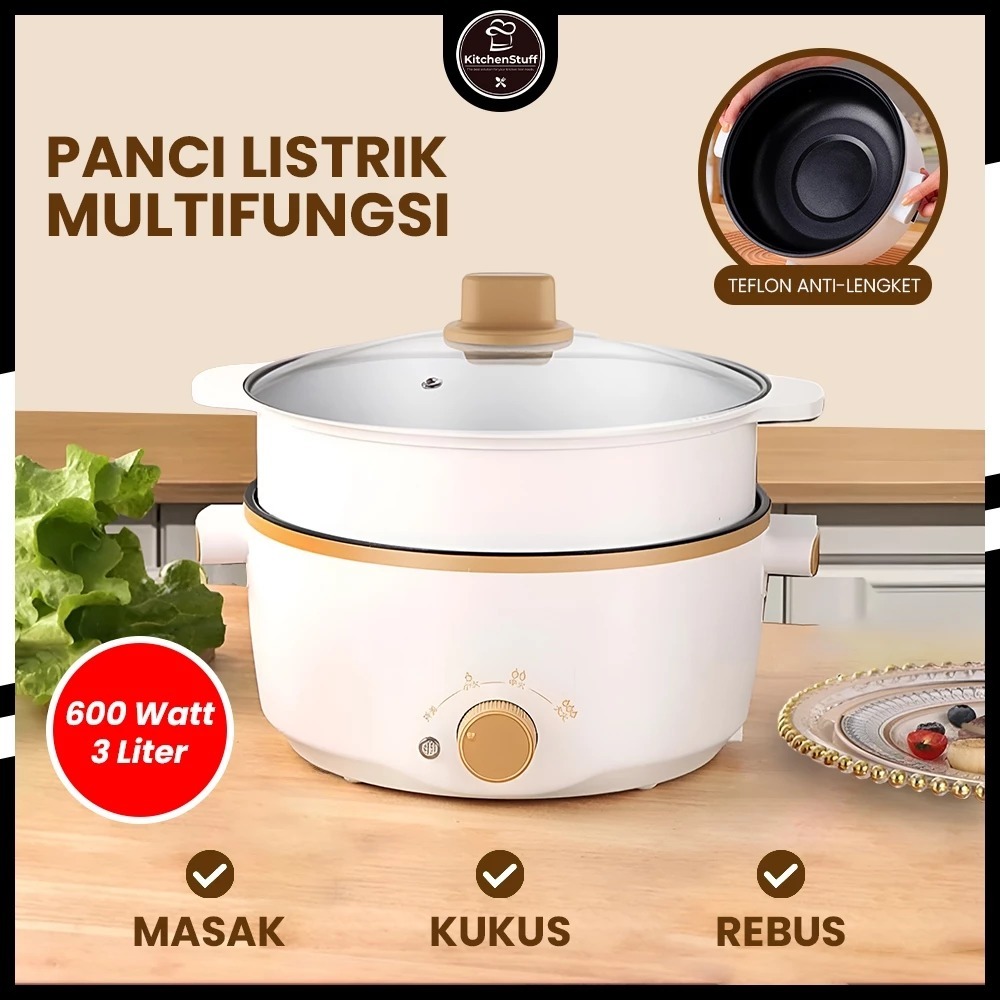Panci Listrik Jumbo 24cm - Multifungsi 3L dengan Kukusan Low Watt PENGGORENG ELEKTRIK STEAMER PANCI 