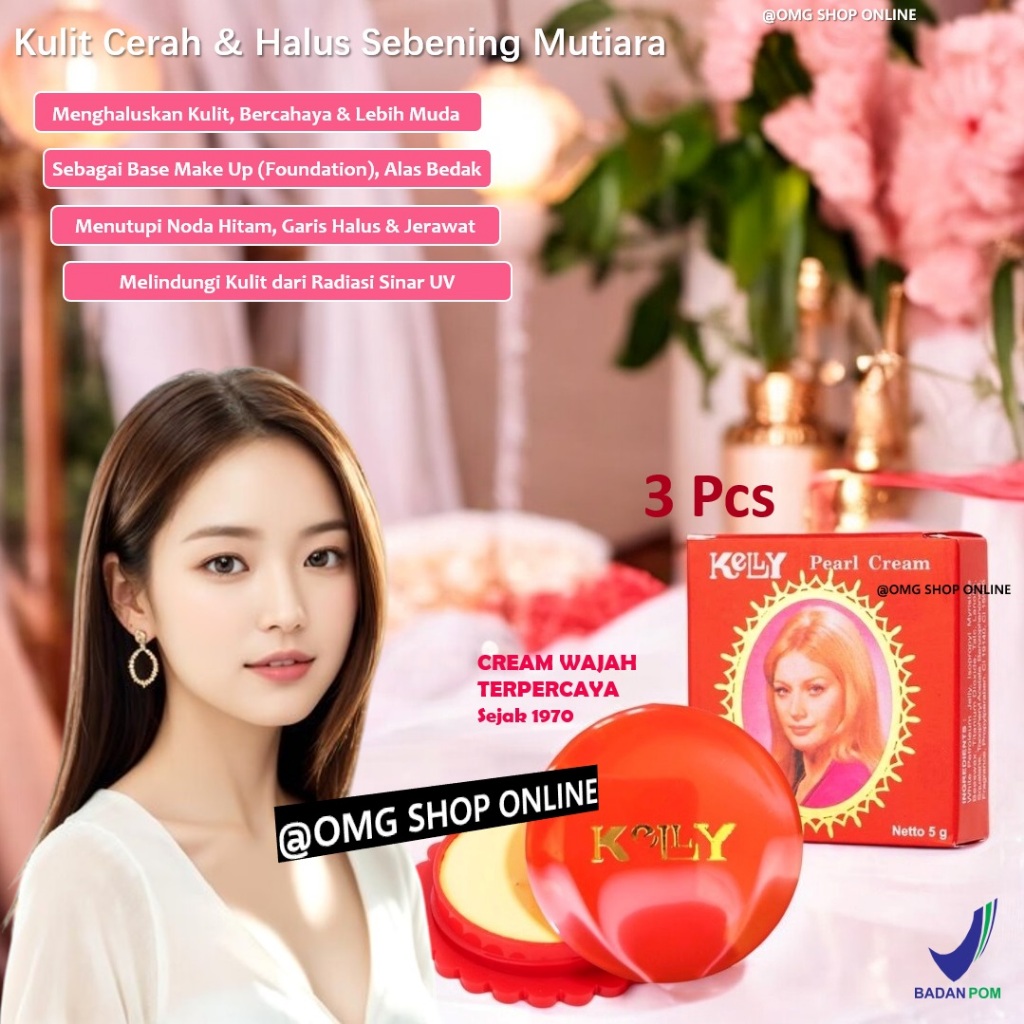 3 Pcs Termurah  Kelly Pearl Cream Wajah Glowing BPOM Terlaris Cream Pemutih Wajah Glowing / Cream Pe