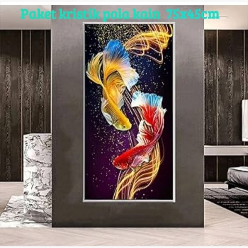 DIY Paket kristik ikan koi bunga lotus teratai fish pola kain full cross stitch 11ct embroidery kera