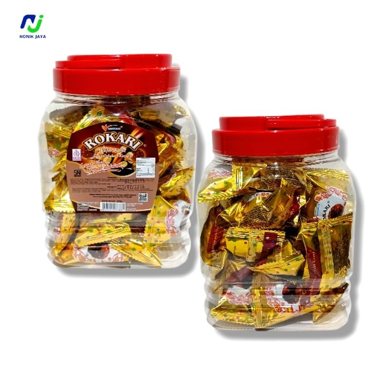 

( READY STOK ) Rokari Wafer Bulat Salut Cokelat & Kacang Toples@210g - 1 Toples Isi 31 Pcs