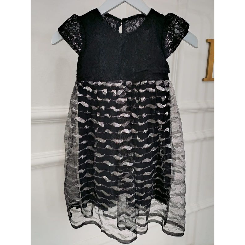 Dress brokat hitam kombinasi tile hitam motif silver