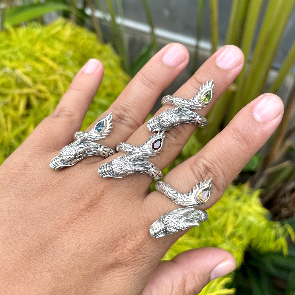 Cincin ring perak silver bali 925 batu natural garnet merah Citrine Blue Topaz Peridot ukir naga dra