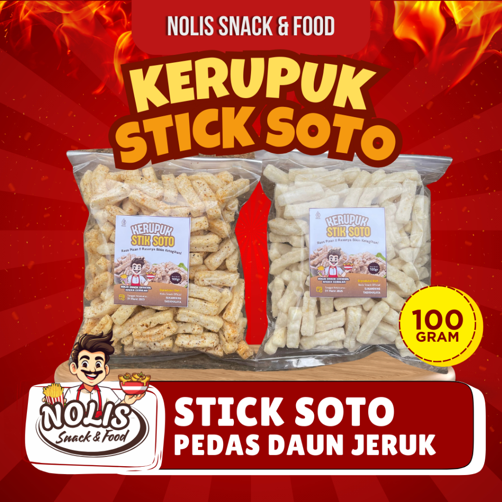

KERUPUK STICK SOTO [NOLIS SNACK & FOOD] Kerupuk Soto Pedas Daun Jeruk