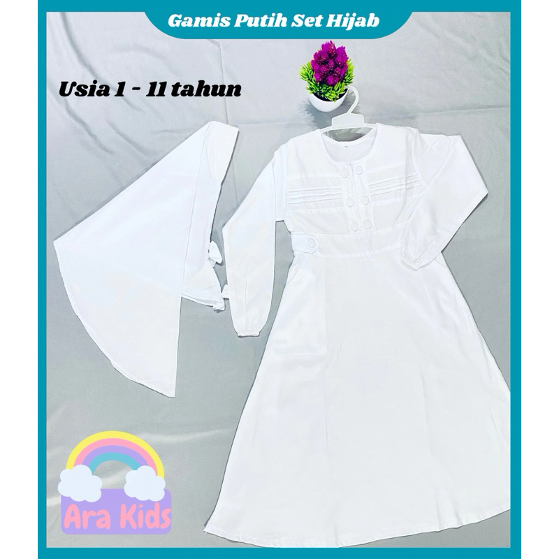 Gamis Putih Anak Perempuan Usia 1-11 tahun / Medina Dress Gamis set Hijab / Gamis Putih Manasik Haji