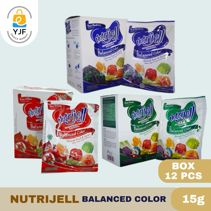 

Nutrijell Balanced Color Extrak Buah BOX / Agar Agar Jelly Puding Rasa Delima / Sirsak / Blueberry BOX 15g isi 12PCS