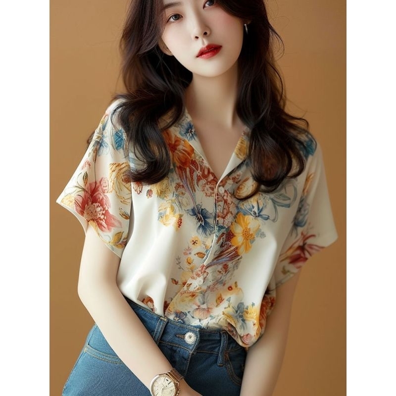 Kemeja wanita motif gambar bunga cantik fashion Korea elegant