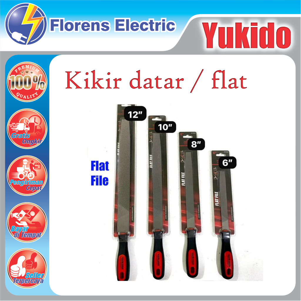 YUKIDO Kikir Besi Baja Gepeng Kikir + gagang karet 6" 8" 10" 12" flat patar gepeng 150mm 200mm 250mm