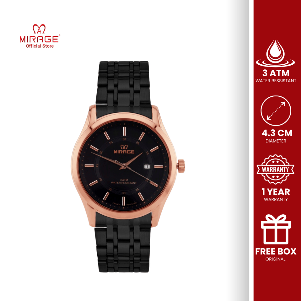 Mirage Watch Analog Jam Tangan Pria Formal Kasual Elegant Stainless Hitam Rosegold Anti Air 8830 M