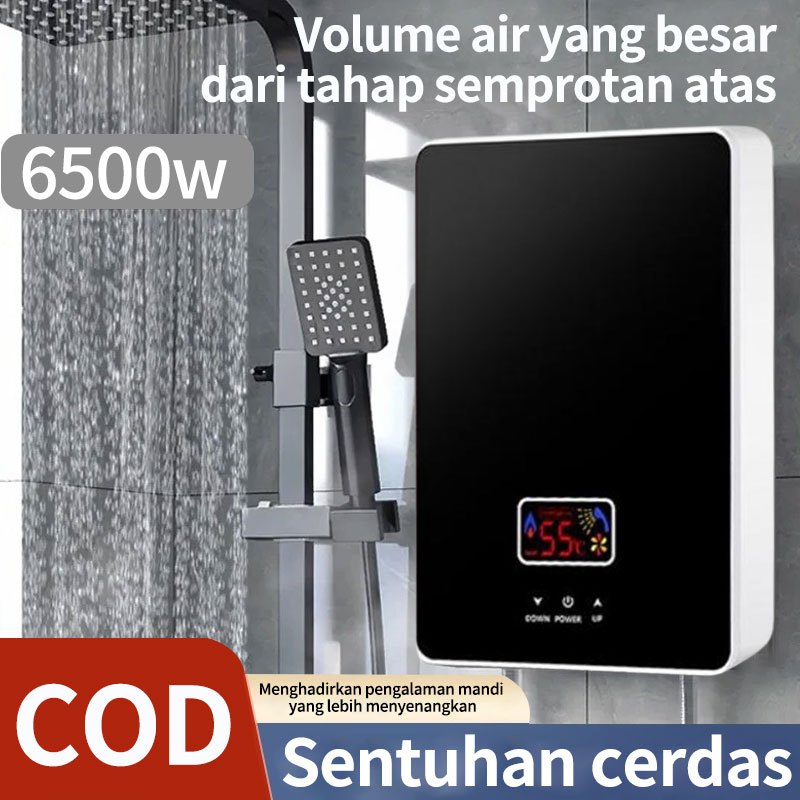 Paket Water Heater Hitam Lengkap / Pemanas Air Gas dengan LED untuk Kamar Mandi