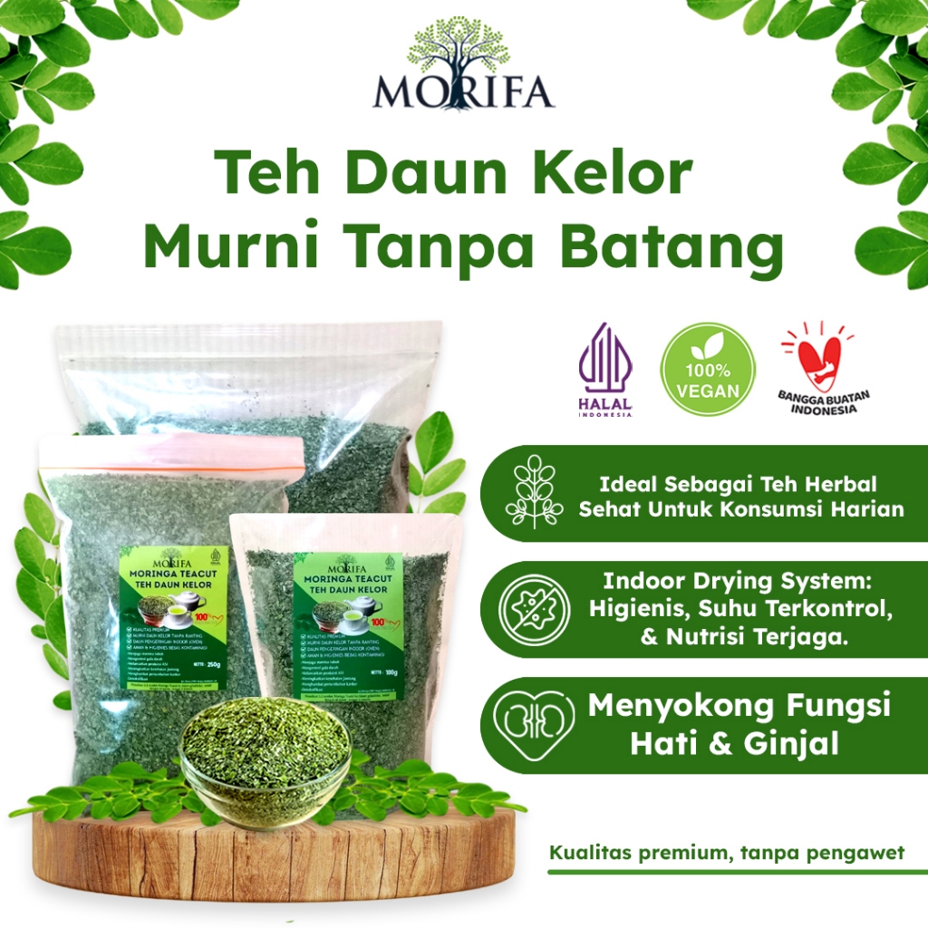 

MORIFA Teh Kelor Teacut Murni Daun Kelor Tanpa Batang Pengeringan Indoor