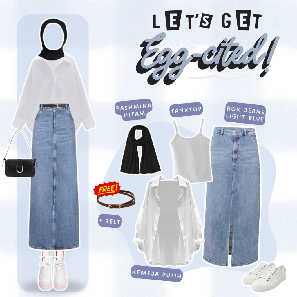 Oneset Hijab Korean Style (Hijab, Kemeja, Tanktop, Rok Jeans) Baju Rok Set Wanita Terbaru - ES94