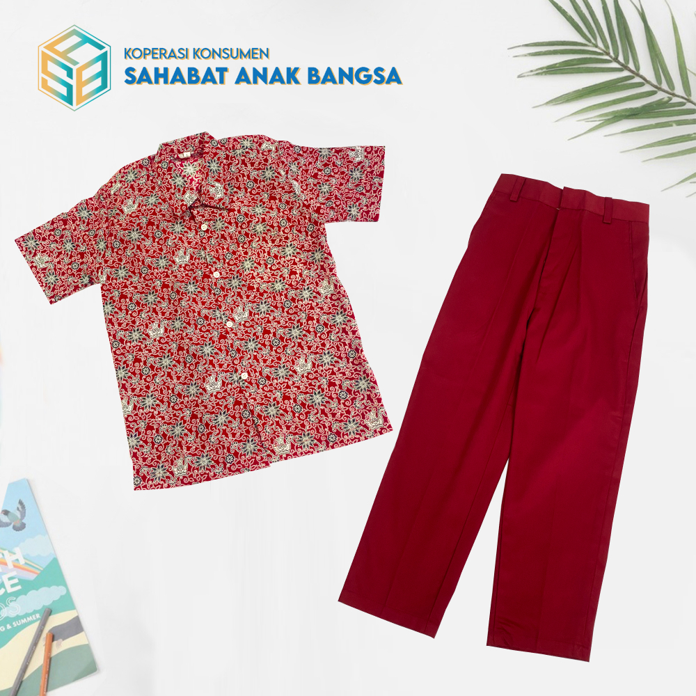 Seragam Batik Sekolah Dasar (SD) Motif Bunga Rampe Satu Set Celana Merah
