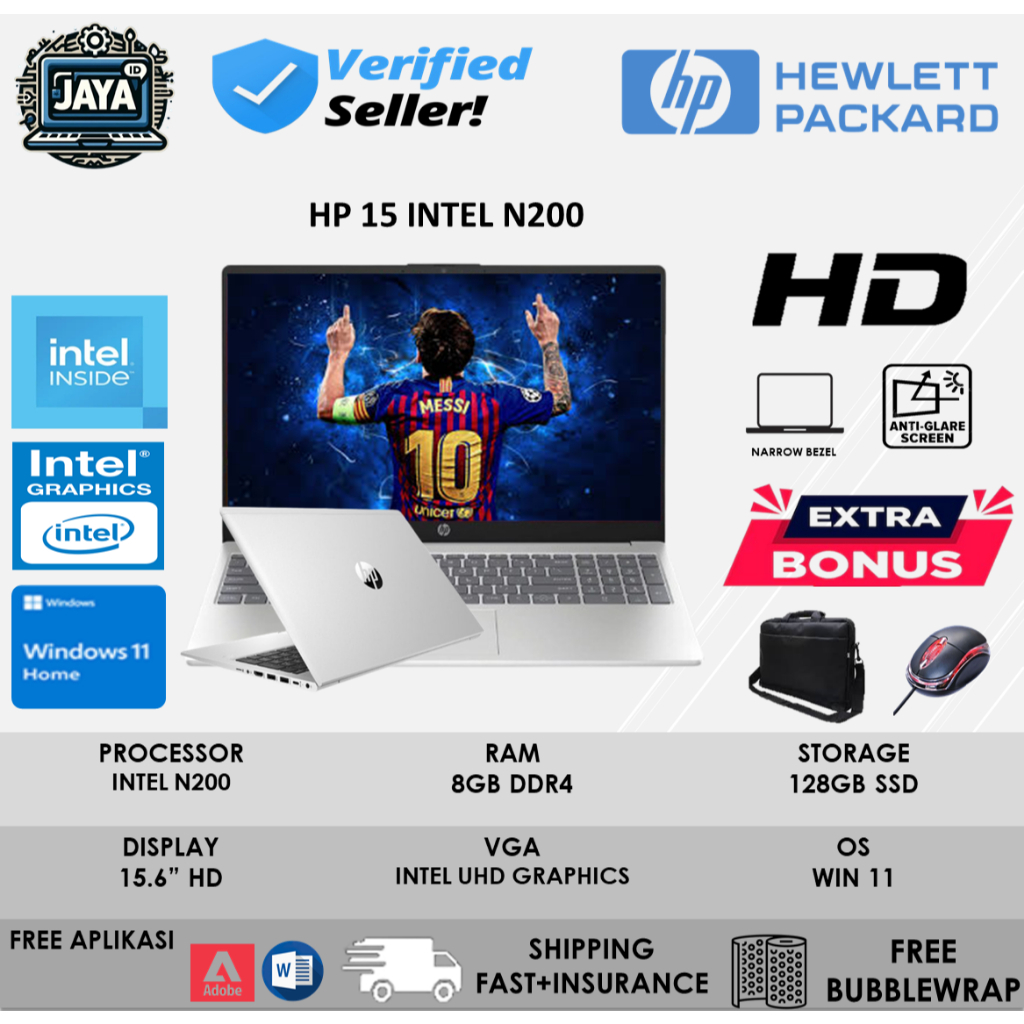 Laptop Baru HP 15 Intel n200 Ram 16GB 128GB UHD Office Win 11 Home Silver Termurah