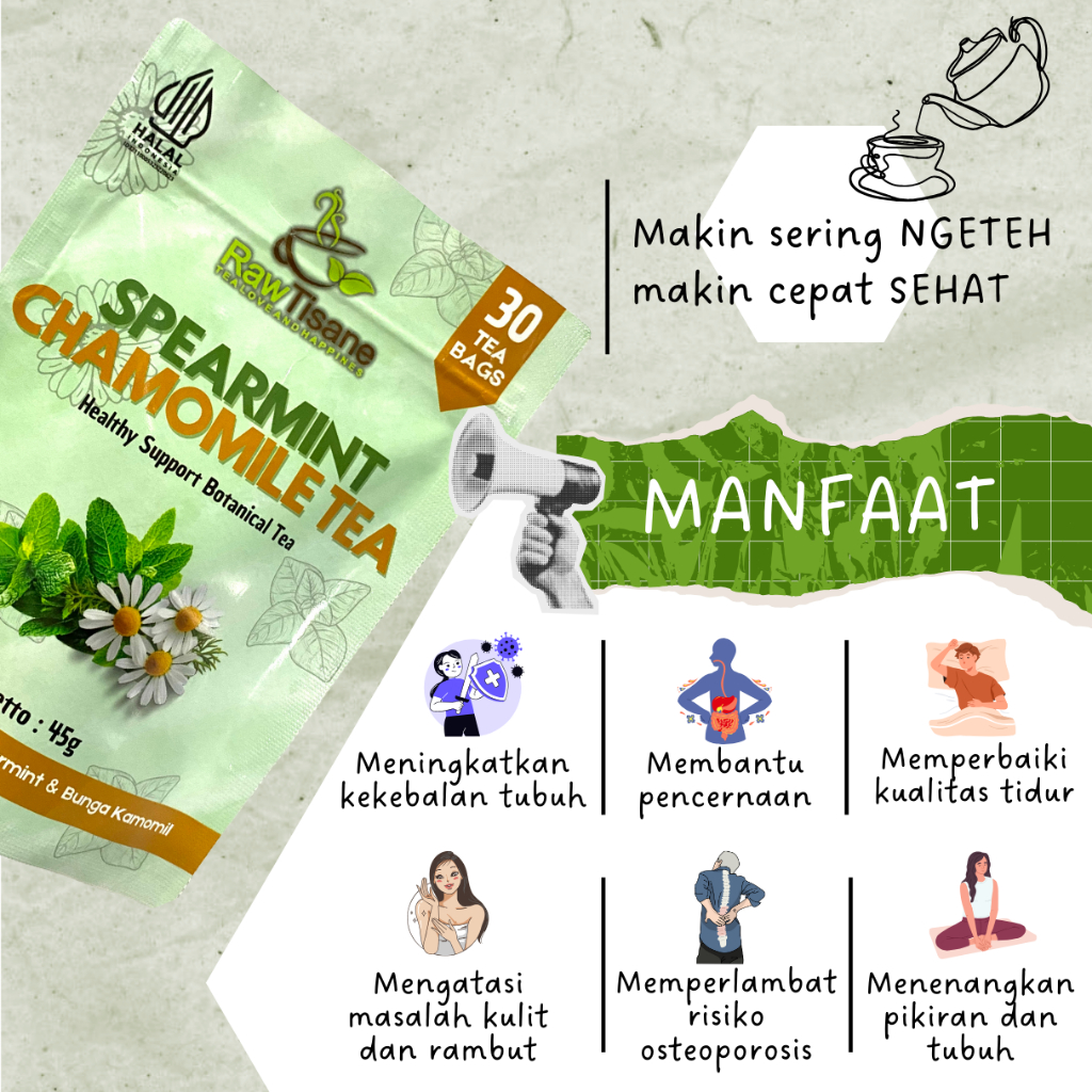

RB22 RAW TISANE Spearmint Chamomile Tea : Teh Celup Daun Spearmint & Bunga Chamomile Isi 30 Tea Bag