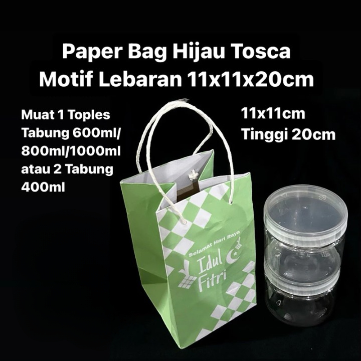 

( 10pcs ) Paperbag Lebaran Motif Hijau Tosca isi 1 Toples Tabung 800ml Tas Kraft Idul Fitri Ukuran 11x11x20 cm