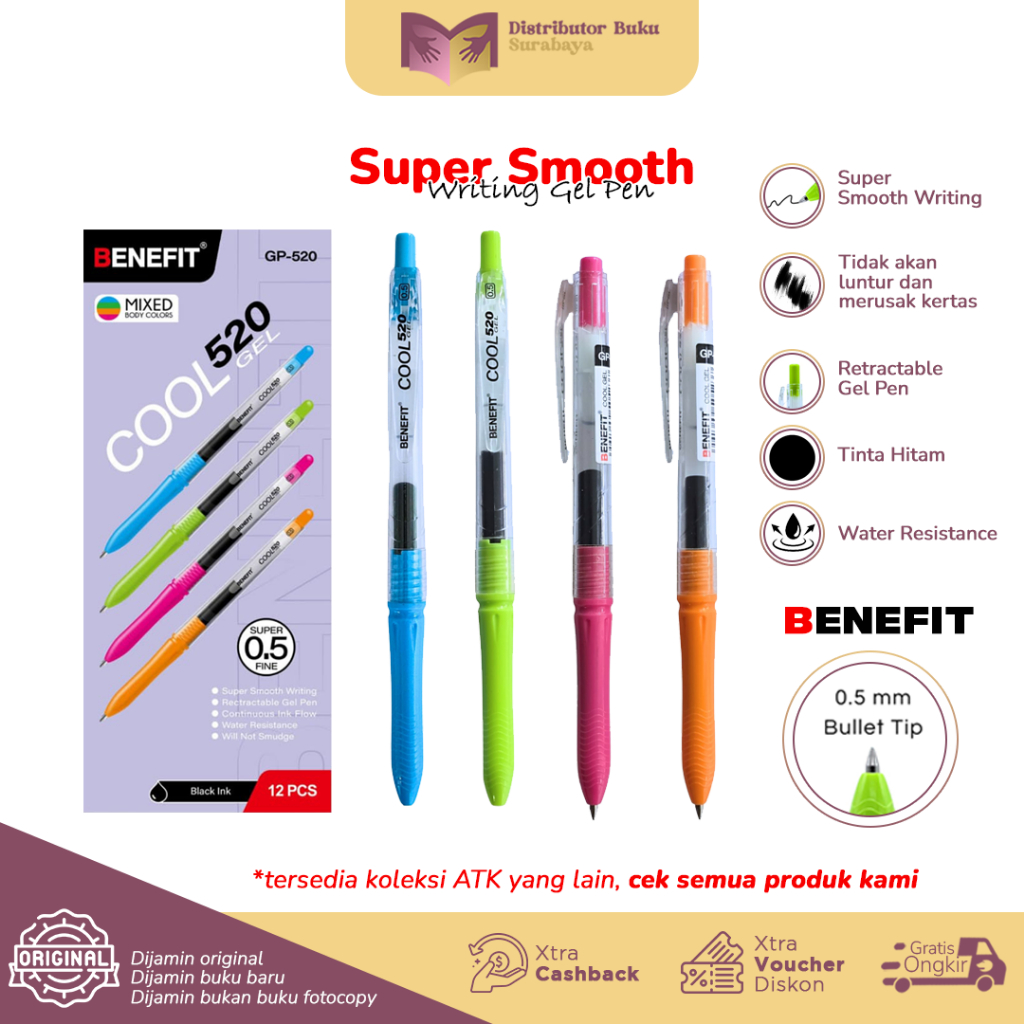 

Benefit Pulpen Gel Hitam 0,5 mm Bulpoin Smooth Writing Cool 520 Warna - 1 Pack Isi 12