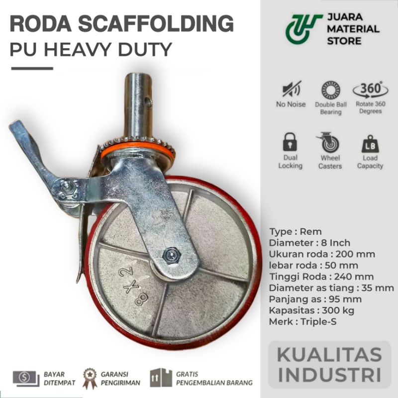 Roda Troli 8 inch 200 mm Scaffolding PU Merah Ball Bearing Plate Storage Gerobak Etalase Meja Lemari