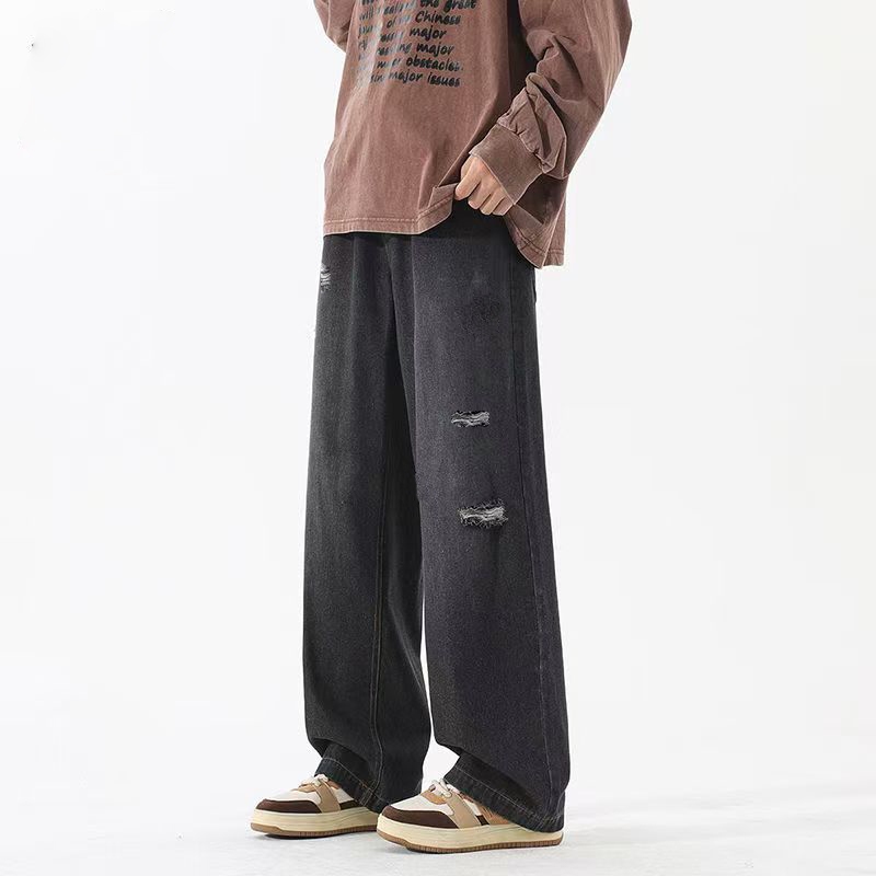 Celana jeans pria panjang sobek baggy straight hitam denim pants kulot casual longgar pants korean s