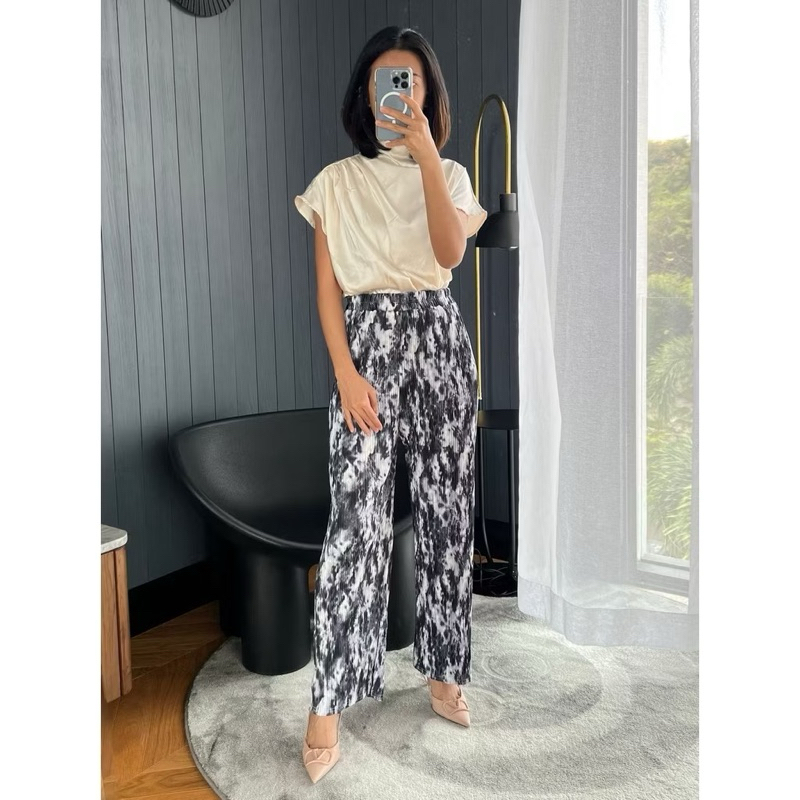 Kulot Plisket Lidi Motif Zig Zag Salur Daisy Bunga Flower Celana Panjang Santai Wanita Import Trendy