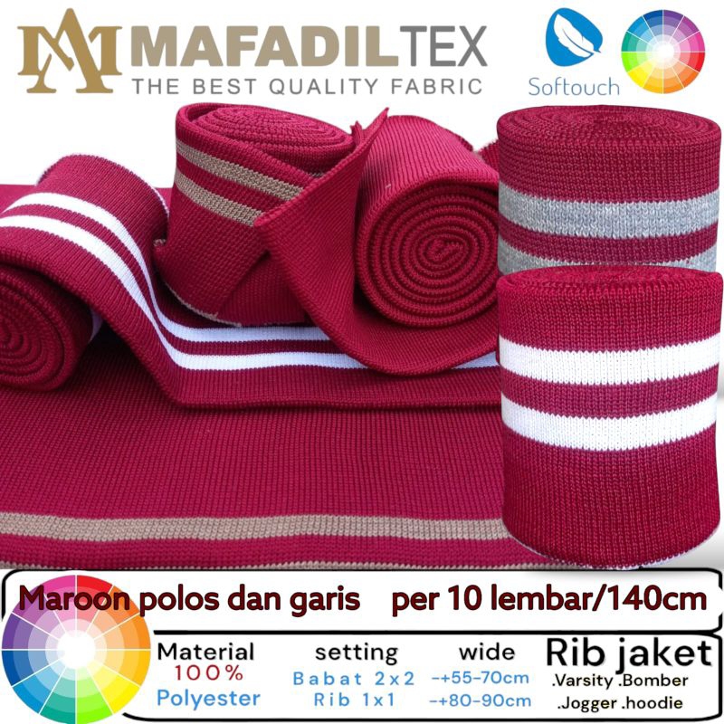 kain rib bur jaket warna dasar maroon polos dn garis polyester premium