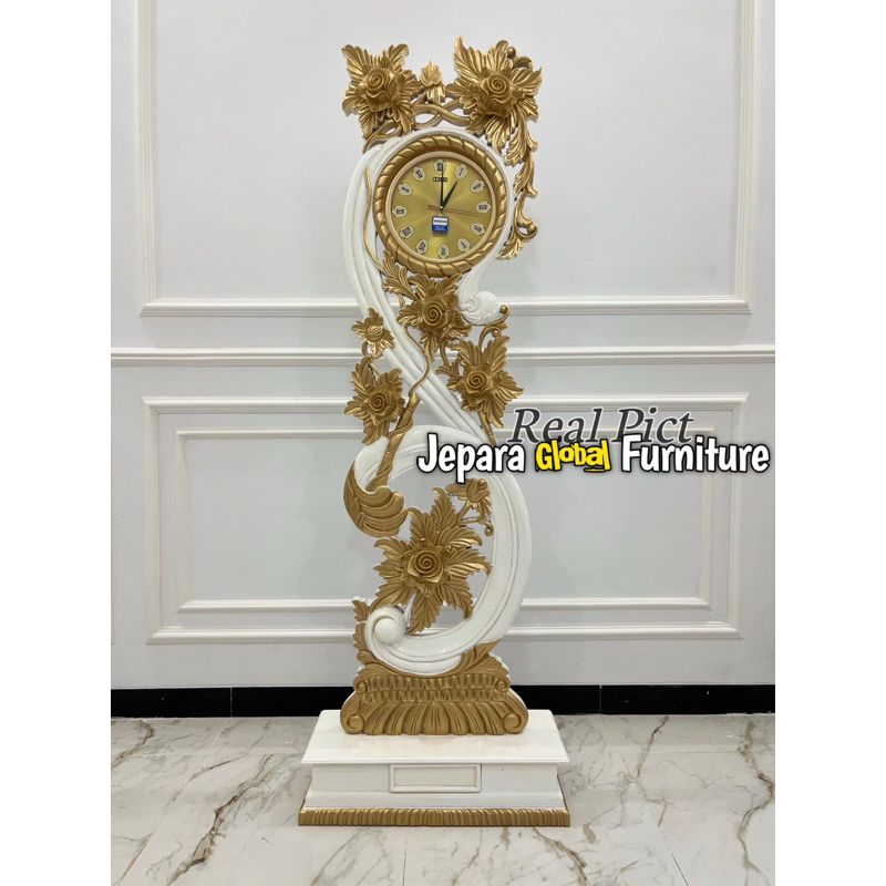 REAL PICT  Jam Hias Ukir Jati white gold mawar ( jam jati, jam hias jati, jam ukir jati )