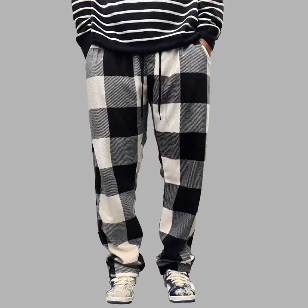 Celana Panjang Tartan Pria Wanita Long Pants Kotak Kotak Merah Putih Unisex Korean Style