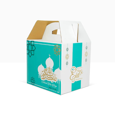 

dus hampers paket oleh oleh eid mubarak box handle kue kering lebaran tema eid tosca uk.30x25x24 cm