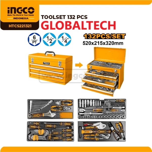 INGCO HTCS221321 TOOL CHEST SET 132PCS TOOLSET TOOLBOX SET PERKAKAS