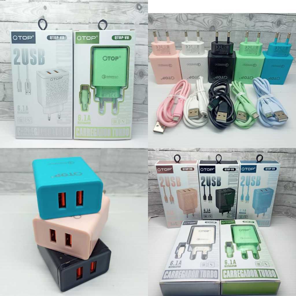 Charger Casan / Batok Kepala Qtop 2usb Macaron Kabel Micro / Tipe C / Iphone