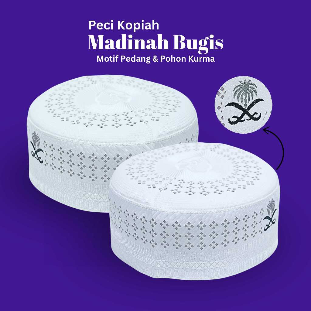 Peci Kopiah Madinah Bugis Motif Pedang & Pohon Kurma Kualitas Premium Harga Terjangkau