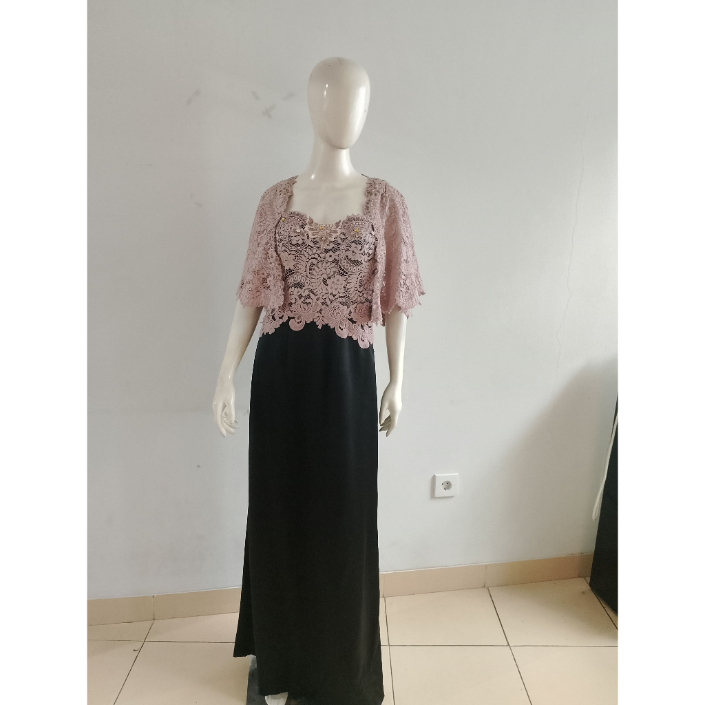 Gaun Pesta Dress Wanita Dusty Pink Black Lace Brokat Preloved