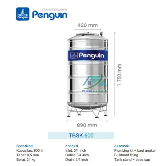 Toren Tangki Tandon Air Penguin Stainless Steel TBSK 600 - 600 liter