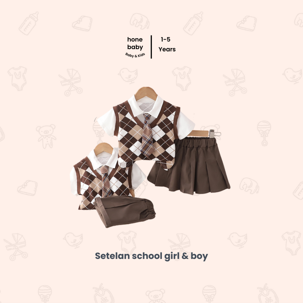 Setelan Baju Anak Usia 6 Bulan - 5 Tahun | Pakaian Bayi Lucu Model Vest School Boy & Girl Ala Korea