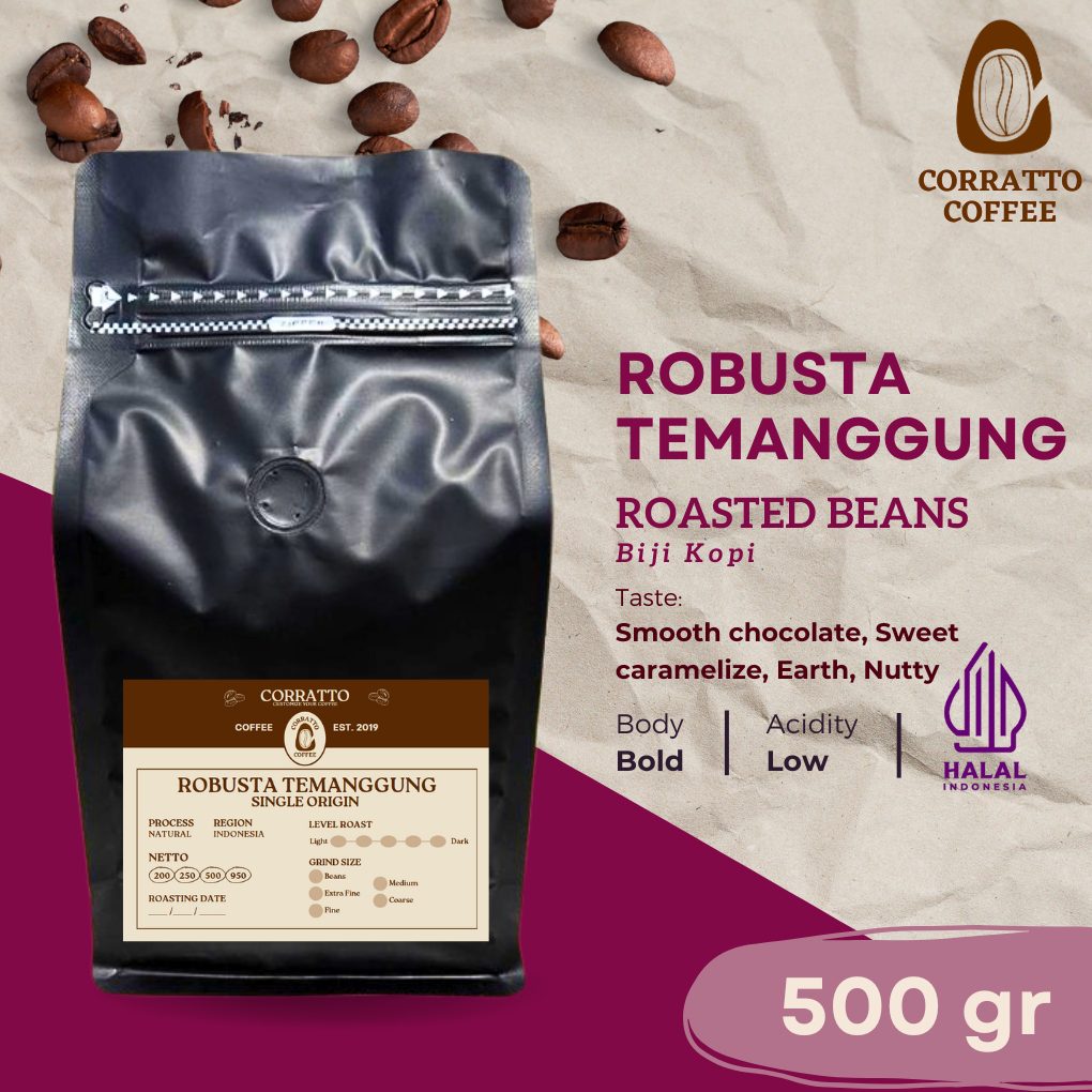 

Biji Kopi Robusta Temanggung 500 gram Corratto Coffee