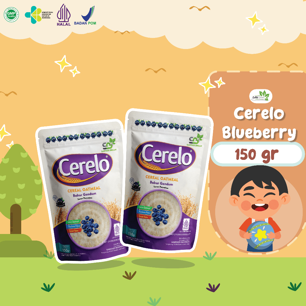 

Sanfood Indonesia Cerelo Blueberry 150gr Sereal Gandum Instan Rasa Bluberi MPASI w22