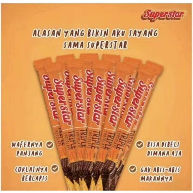 

Superstar Wafer Triple Chocolate FullChocolate Box Isi 20 x 16gr Wafer Salut Cokelat Roma Wa