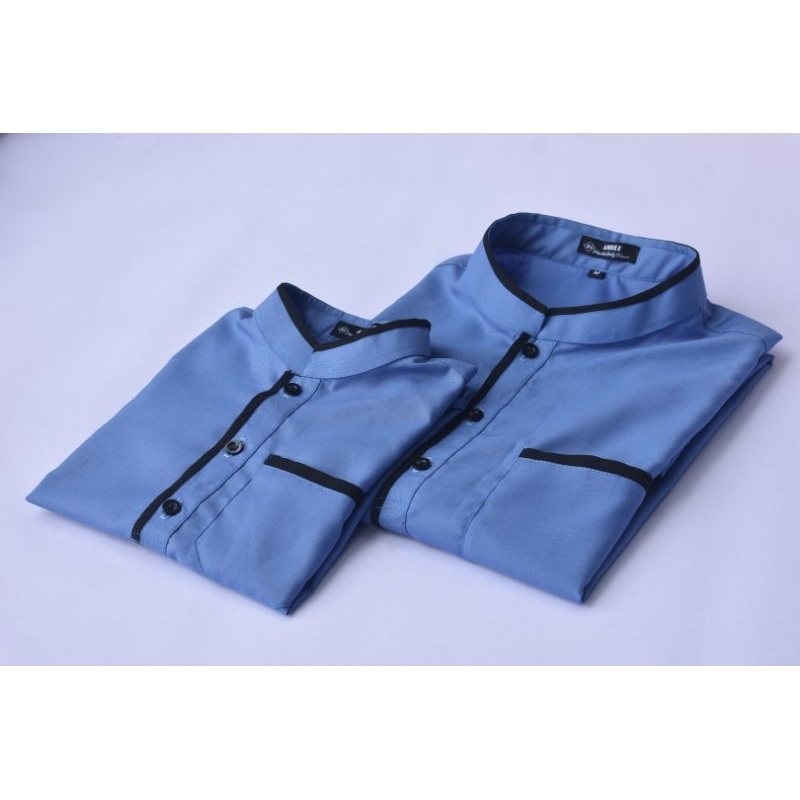 Baju Koko Biru Denim Kurta Dewasa couple Lengan Pendek