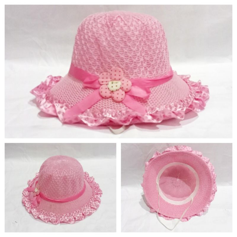 Topi bucket hat anak perempuan feminin girly jerami pita polkadot bunga pink putih dengan tali cocok