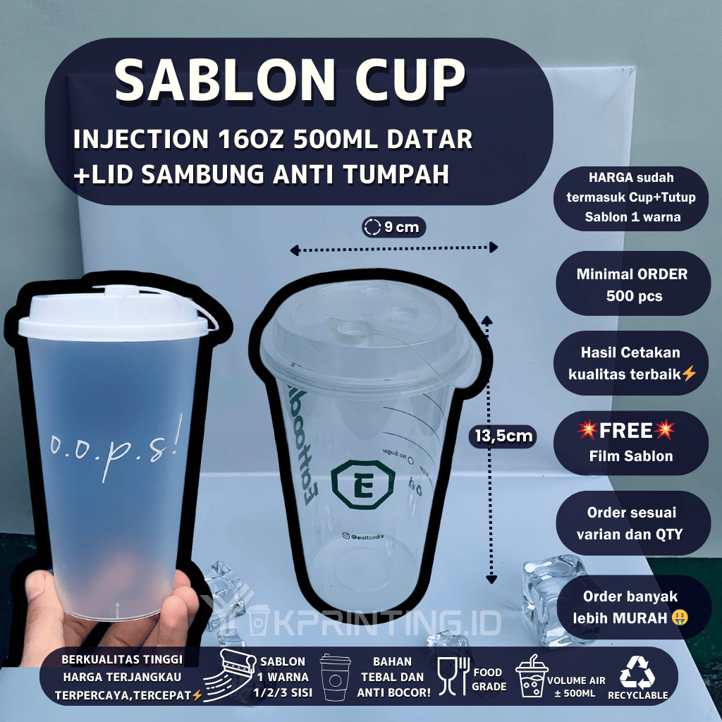 Sablon cup Injection 500ml 16 oz Custom Cup/Gelas Injection Tebal Anti tumpah 1 Warna