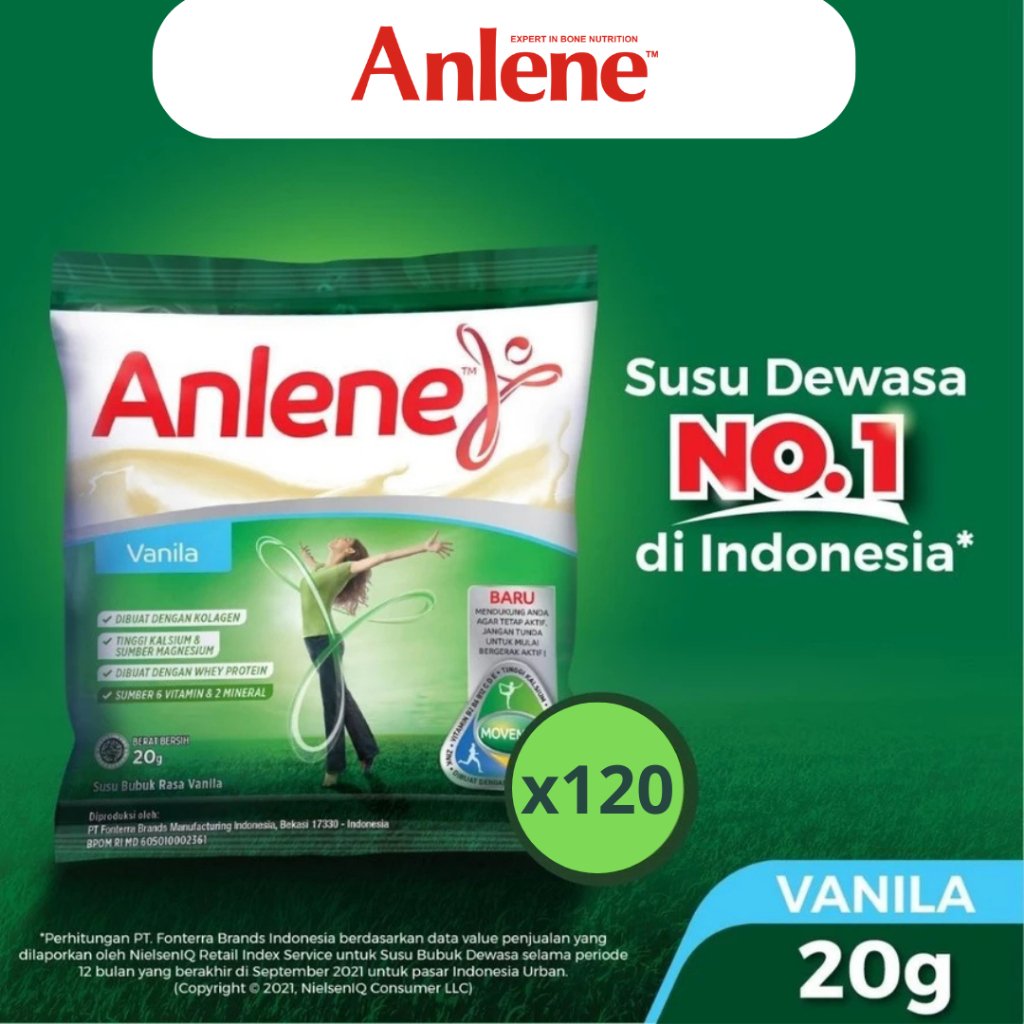 

Anlene Susu Bubuk Dewasa Vanila 120 x 20gr . Nutrisi Tinggi kalsium untuk Tulang