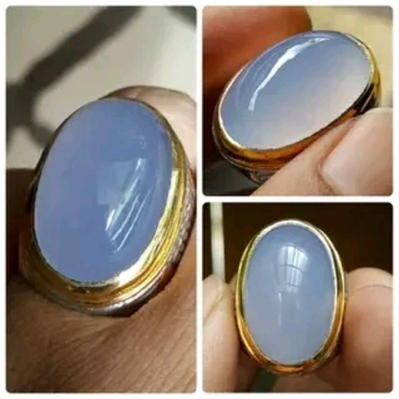 Natural Biru Langit Birla - Light Sky Blue Chalcedony From Turkey - Turki Set In Ring Perak Size 8 -