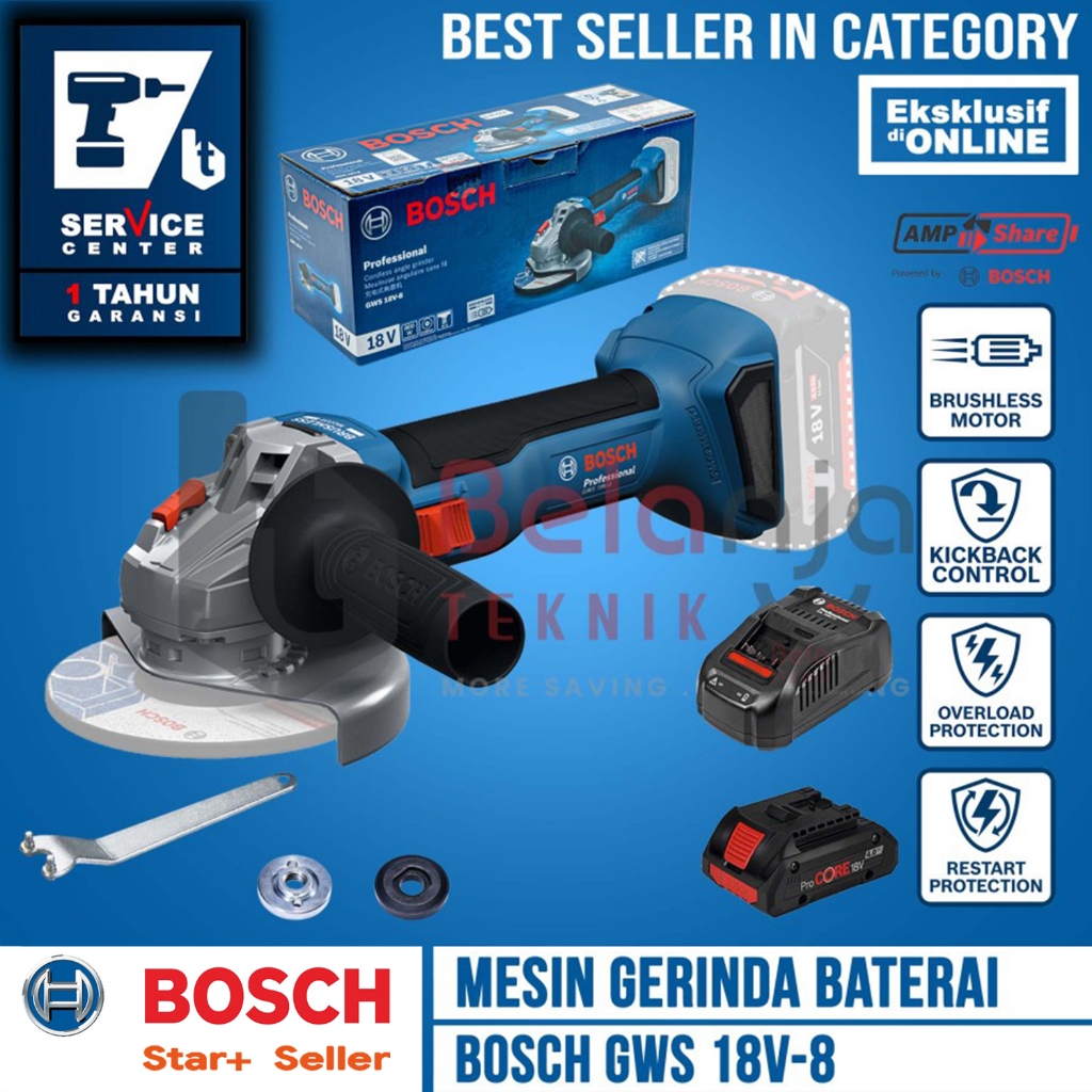 Mesin Gerinda Tangan Baterai Bosch GWS 18V-8 4 Inch + Set Baterai Procore 18V 4 AH