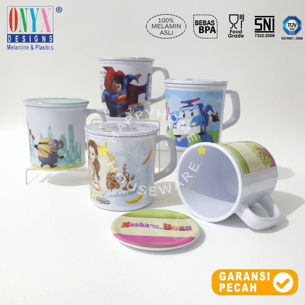 ONYX 1pcs Mug + Coaster 340ml Gelas Minum Melamine Mug Gagang Melamin Tutup Karakter