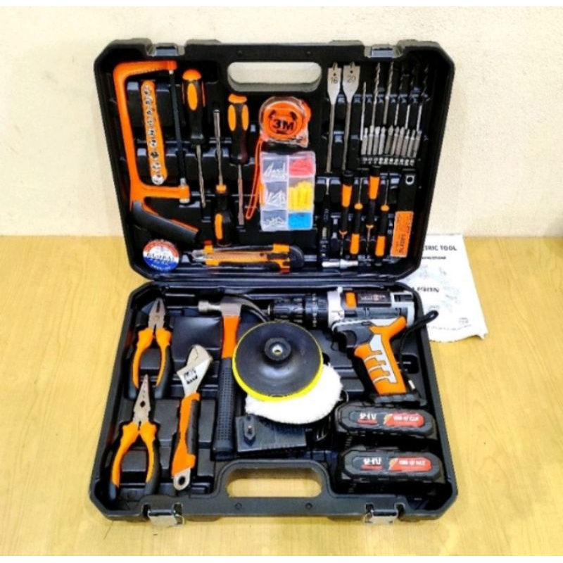 BOR CORDLESS TOOLKIT FULL SET BOR BATERAI SHINING LENGKAP BOR POLES 2 BATERAI KOPER