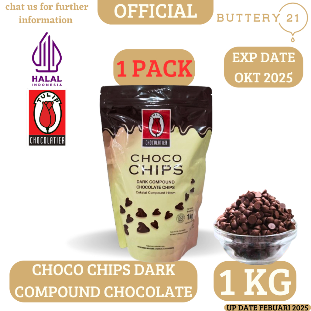 

TULIP CHOCO CHIPS DARK COMPOUND 1 KG/COKELAT CHIP/COKELAT COMP HITAM/COKELAT TOPING BUTIR/COKELAT TULIP