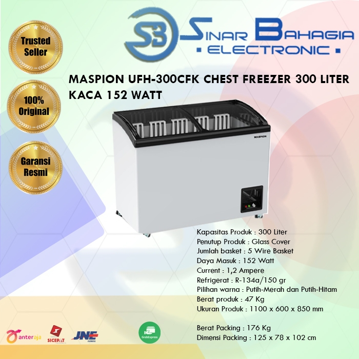 MASPION UFH-300CFK CHEST FREEZER 300 LITER KACA 152 WATT (NEW) (KHUSUS BANDUNG)