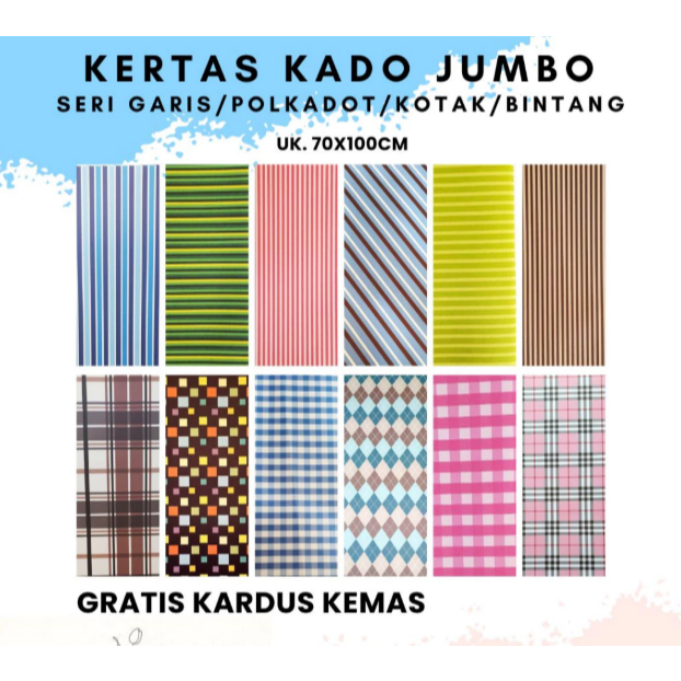 

Kertas Kado Wrapping Paper Premium ukuran Jumbo Seri Garis/Polkadot/Kotak/Bintang