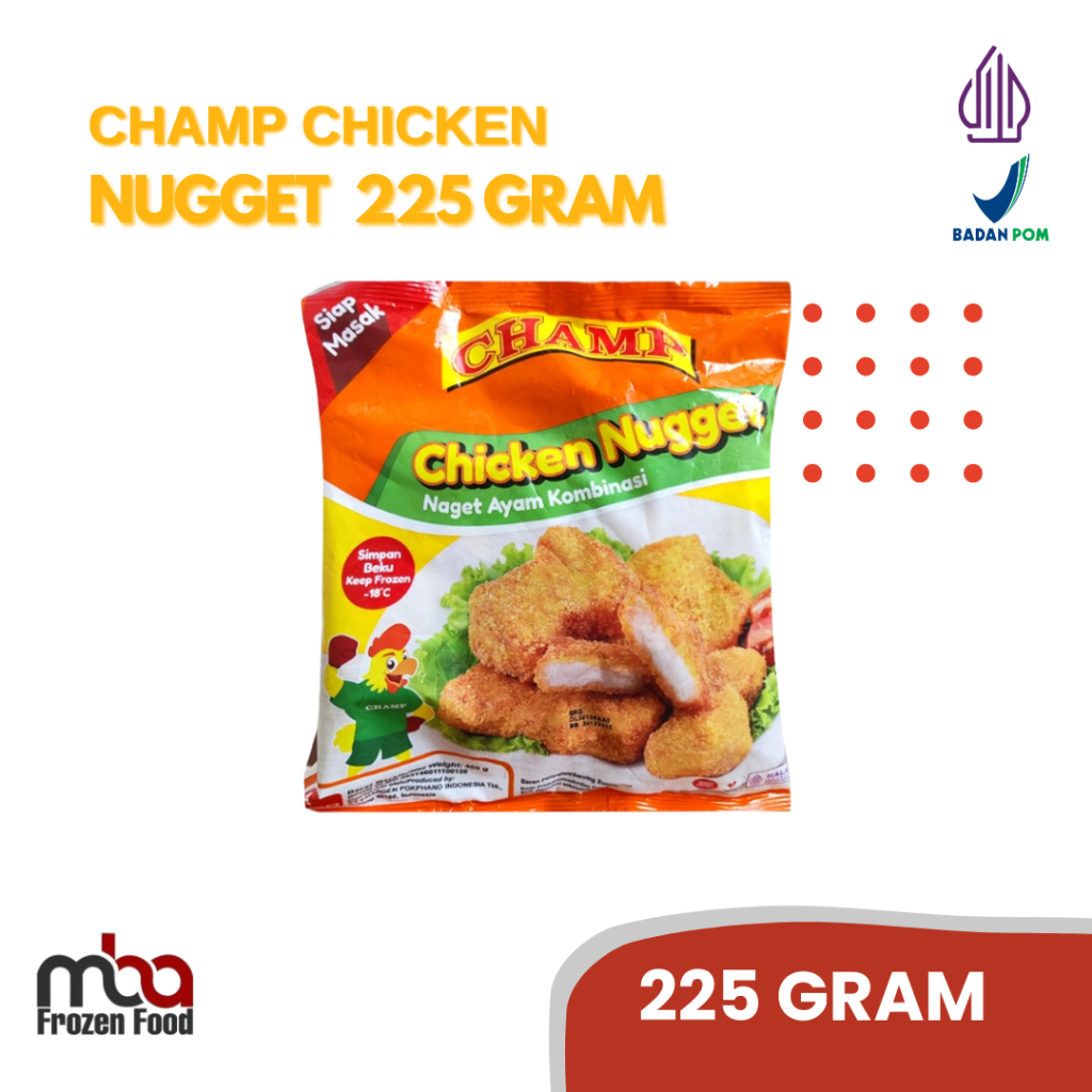 

Champ Nugget 225 gr /Nugget /AyamTepung /Frozenfood /Nugget Ayam /Makanan Siap Saji /Makanan Beku /Ayam Goreng /Beku /Ayam Beku