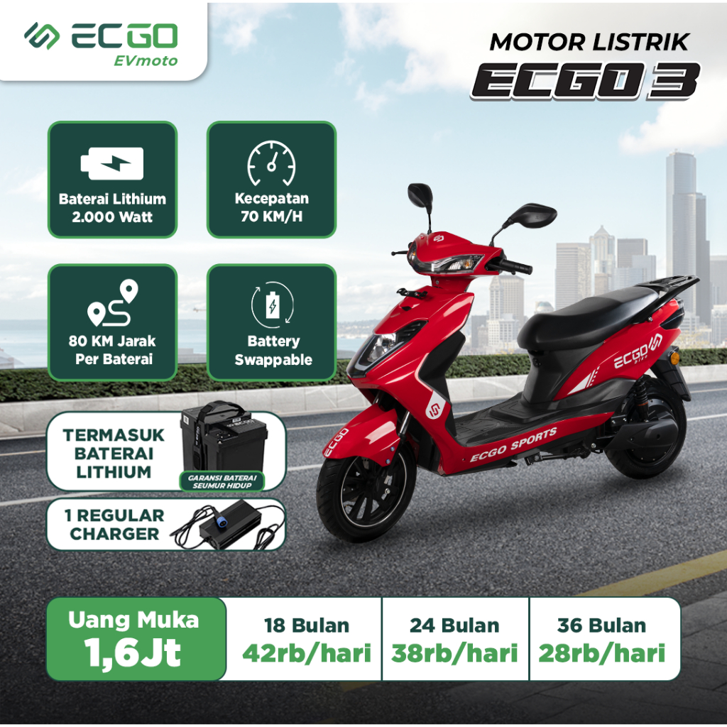 ECGO 3 Motor Listrik - Down Payment - FERRARI RED, JABODETABEK